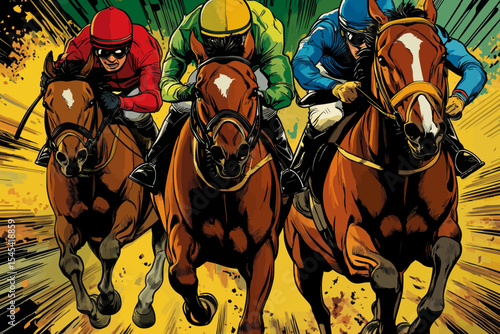 Horse racing illustration created in comic pop art style using generative ai