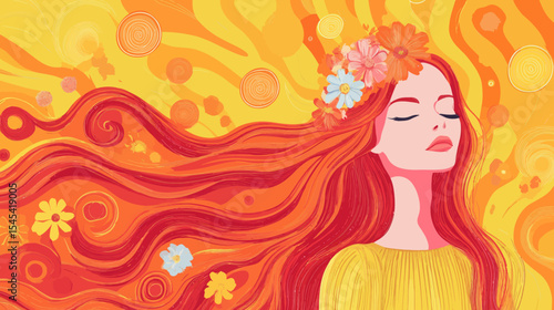 The image of a hippie girl is presented in a pop art comic style, featuring a retro woman with blonde hair and flowers, created with generative AI