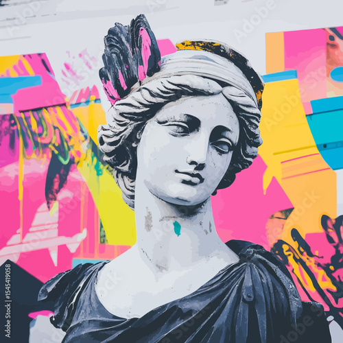 The antique statue bust, now adorned with vibrant graffiti, stands out against a light background, blending street style with contemporary art collage to represent the concepts of postmodernism,