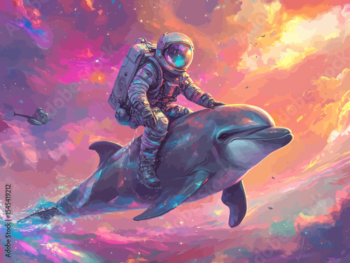 A face of surprise is sprinted across the scene as an astronaut rides a dolphin over the Great Barrier Reef at sunrise, set against a vibrant coral pink backdrop with a shimmering telescope in pop