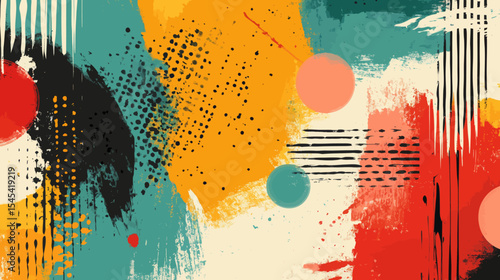 A pop art style backdrop is characterized by its bold graphics, abundance of colorful elements, free space, and an abstract background, created using