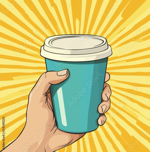 An illustration of a hand holding a coffee-filled paper cup, created in the distinctive pop art retro comic style commonly used for fast food