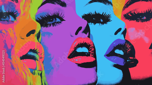 The artwork features a multitude of women's faces, each one uniquely colored and sporting a cheerful grin, as well as distinctive red lips, resulting in a lively and dynamic representation of women's