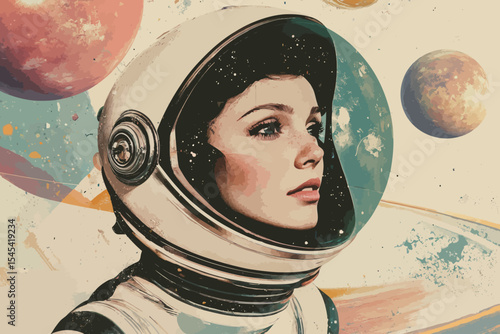 Digital art collage of a female astronaut in a retro space helmet, intended for use on posters, banners, and prints, conveying a sense of science fiction and adventure in the context of space