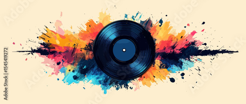 A vintage pop art style brings a cartoon vinyl record to life, set against a backdrop of iconic imagery and characterized by vibrant, contrasting colors