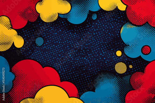The pattern is characterized by its pop art inspiration, bold graphic colors including primary red, yellow, and blue, and the incorporation of comic book style halftone dots and speech bubbles