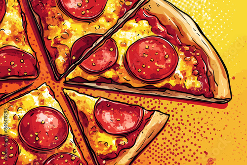 Melted cheese atop pepperoni pizza slices, illustrated in a vibrant pop art manner with a dotted yellow backdrop