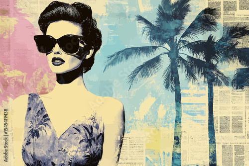 The image features a beautiful young woman dressed in a 50s retro outfit, complete with sunglasses, set against a travel collage in a vintage style print poster