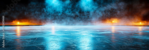 Hockey ice rink with a textured surface, covered in mist and illuminated by blue and orange neon lights. The arena is empty. Sports ads, event promotions, hockey competition,