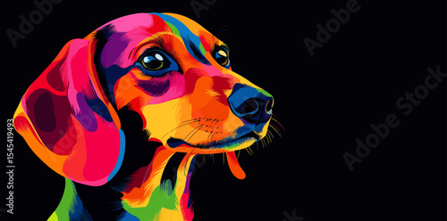 The image features a Dachshund in a colorful pop art style, incorporating elements of Pop Art, bright and bold colors, digital art, and an abstract background