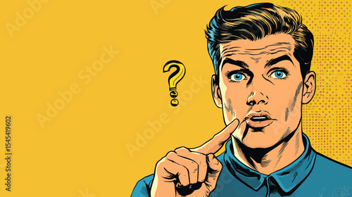In a pop art style, a giant question mark is being stared at by a shocked businessman