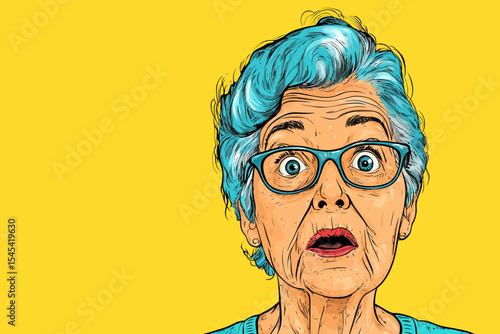 A gray-haired, bespectacled grandmother is amazed by the incredible news of a huge sale, illustrated in a vibrant, pop art-inspired retro comic format