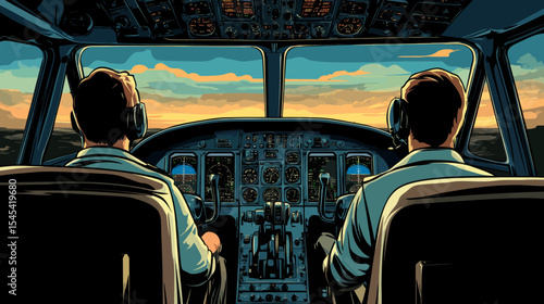 The pop art retro style illustrates an airplane captain and pilots in an aircraft cockpit, symbolizing aviation and travel