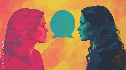 Two women are illustrated in a comic book style, whispering secrets to each other