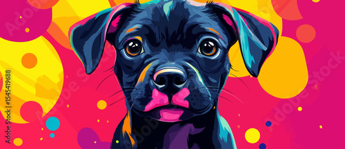 This dog portrait is a vibrant and whimsical representation in pop art style, complete with surreal elements and a depiction of a beloved pet that is both magical and playful