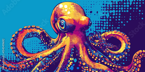A colorful and vibrant pop art style is used to illustrate an octopus, highlighting its significance in marine life as a fascinating sea creature in a captivating artwork