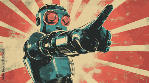 The image of a robot pointing to promote a sale is rendered in a vibrant, retro pop art style that echoes the 1950s and 60s