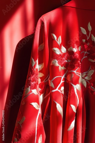 Red silk dress with embroidered floral motifs hanging on a hanger