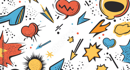 Blank speech bubbles and other comic elements are presented in a pop art style