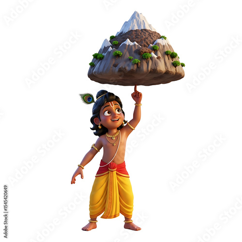 Cartoon depiction of Krishna holding up a mountain on his fingertip.
