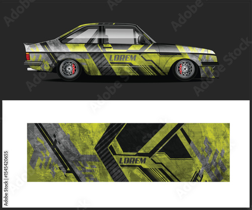 Car Wrap Design with Yellow and Gray Geometric Pattern Overlay