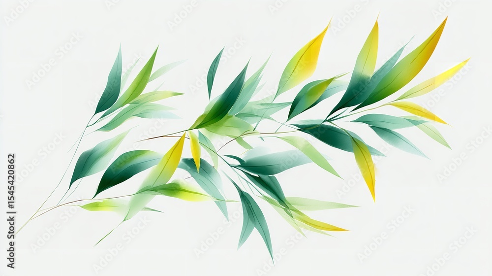 Obraz premium Serene watercolor leaves dance in light blending spring green with sunshine yellow on a tranquil off