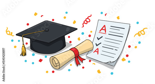 Graduation cap, diploma, and an A+ grade sheet, celebrating academic success with confetti.
