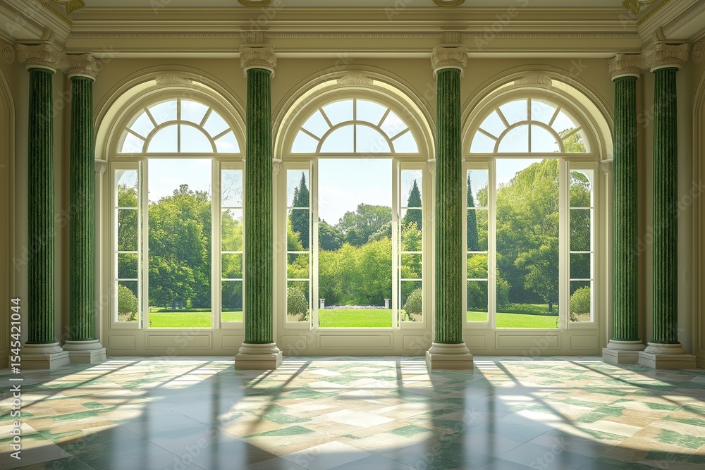 Fototapeta premium Grand hall with large windows in palace or castle, surrounded by lush greenery