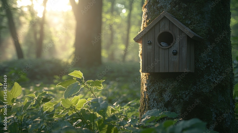Wooden birdhouse nestled in a sunlit forest Wooden birdhouse nestled in a sunlit forest