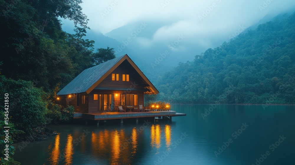 Fototapeta premium Wooden cabin on lake, misty mountains