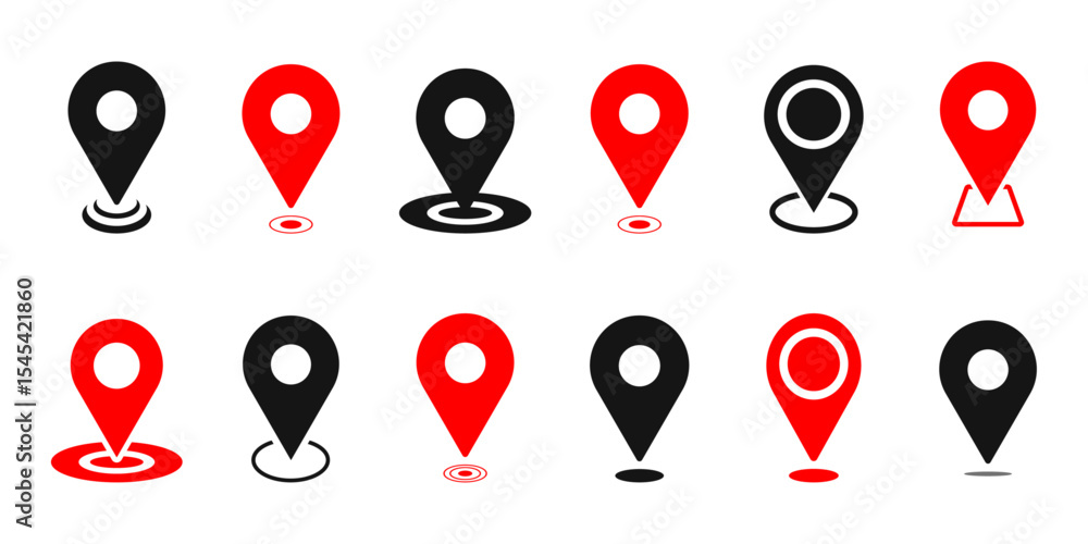 Location pin icon set map pointer gps navigation marker distance route business address destination indicator pinpoint button vector icons collection black white silhouette design