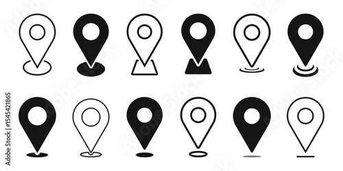 Location pin icon set map pointer gps navigation marker distance route business address destination indicator pinpoint button vector icons collection black white silhouette design