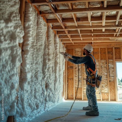 Worker spraying foam insulation on wall