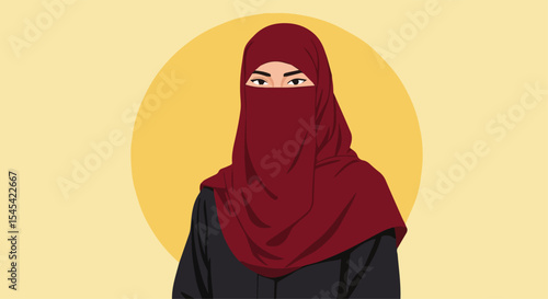 Muslim woman wearing a niqab with a maroon scarf, with a soft yellow background.
