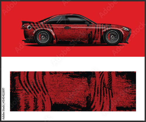 Red Sports Car with Distressed Texture and Matching Graphic Design Element