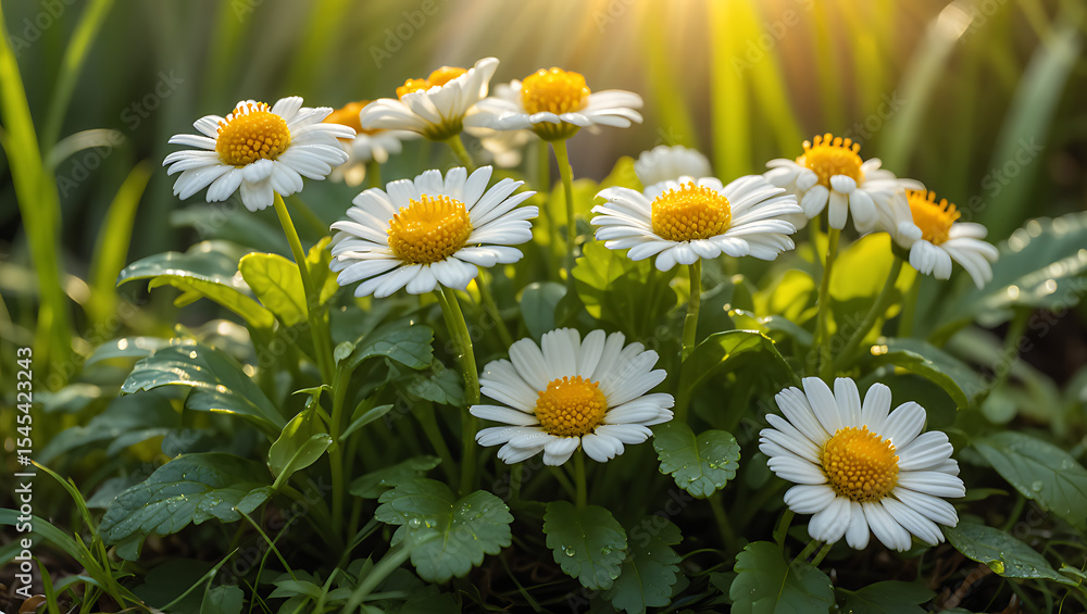 Obraz premium Close-up of white daisies blooming in a lush green garden bathed in sunlight