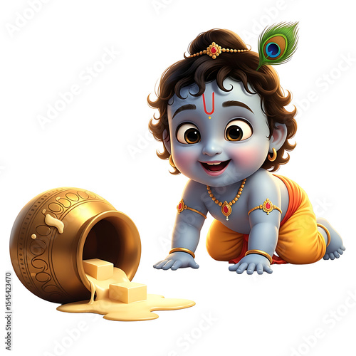 Adorable baby Krishna playfully spills milk from a golden pot.