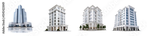 Set of  Tall White Classical Office Buildings isolated on transparent background