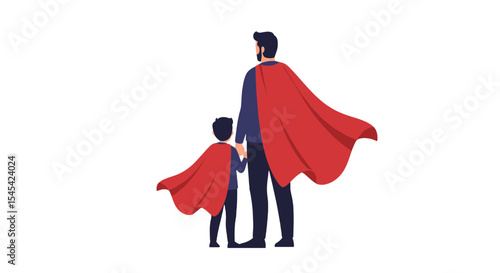 lat vector of a father and son wearing matching superhero capes, posing confidently together, bold silhouettes