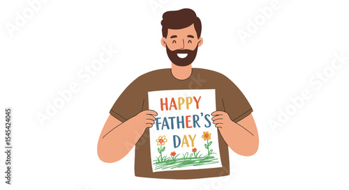 Flat illustration of a father receiving a crayon drawing from a child with "Happy Father's Day", smiling with joy