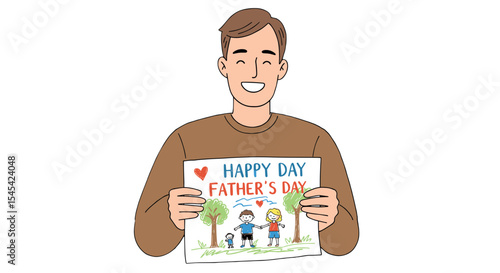 Flat illustration of a father receiving a crayon drawing from a child with "Happy Father's Day", smiling with joy