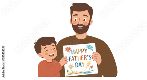 Flat illustration of a father receiving a crayon drawing from a child with "Happy Father's Day", smiling with joy