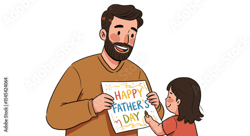 Flat illustration of a father receiving a crayon drawing from a child with "Happy Father's Day", smiling with joy