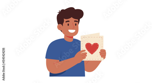 Flat vector of a dad holding a handmade Father’s Day card with a heart and smiling