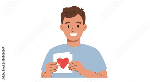 Flat vector of a dad holding a handmade Father’s Day card with a heart and smiling