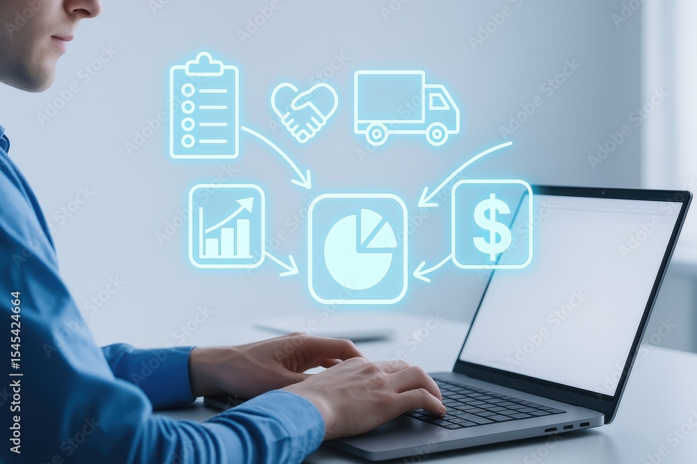 Logistics Automation: A focused professional engages with a laptop, seamlessly integrated with digital icons that depict crucial processes like delivery, finance, and more. Logistics Automation: A focused professional engages with a laptop, seamlessly integrated with digital icons that depict crucial processes like delivery, finance, and more.