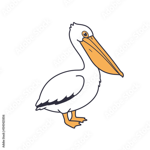 Cartoon pelican standing with an orange beak and white feathers  