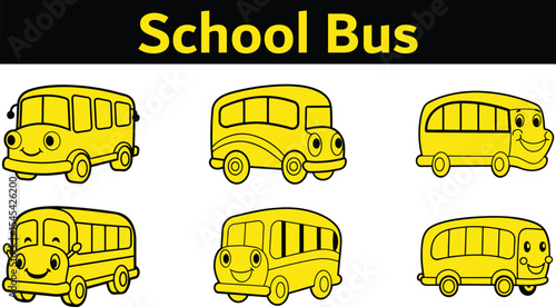 6 Cute yellow school bus on the road cartoon vector illustration on transparent background, Back to school concept