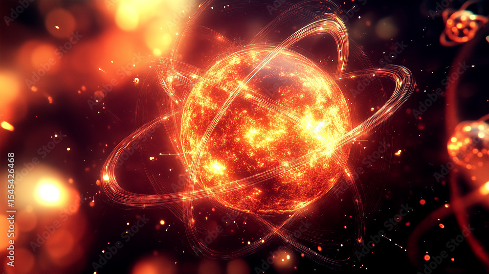 Obraz premium Fiery atomic energy concept with glowing particles and dynamic swirls
