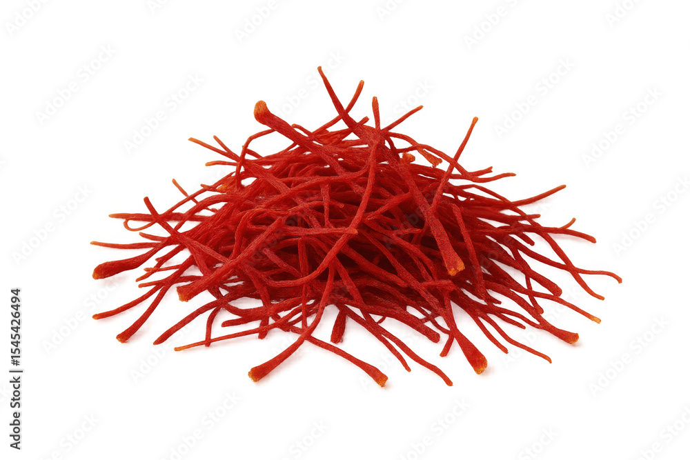 Fototapeta premium Close-up of a pile of vibrant red saffron threads, isolated on a transparent background, ready for culinary or medicinal use